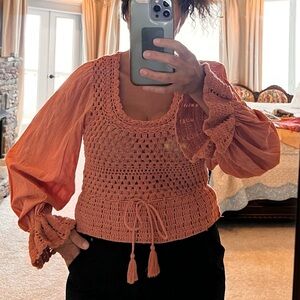 Never worn Free People long sleeve top with crochet embellishment